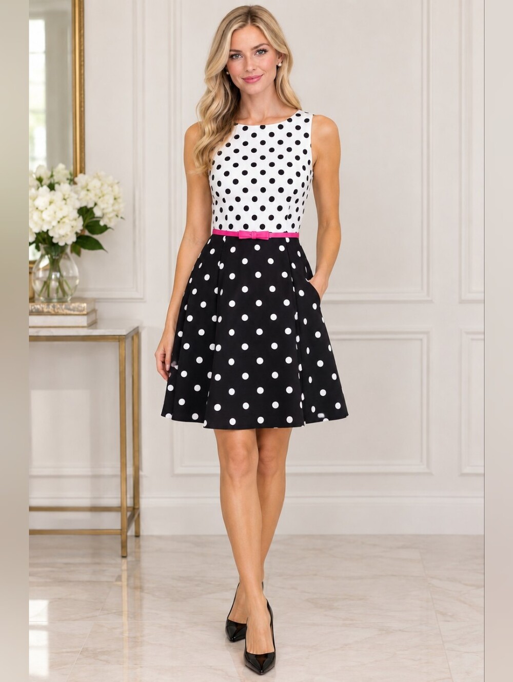 Ronni Nicole Black and White Polka Dot Midi Dress with Pink Belt Size 4